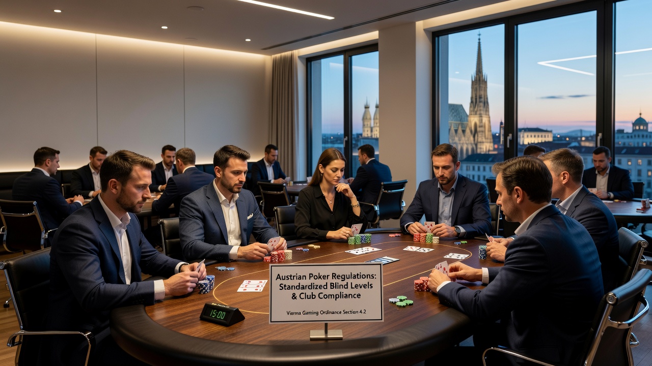 Poker tournament directors reviewing compliance documents and adjusting table assignments under Austrian rules